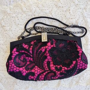 Lulu Townsend Black and Pink Lace Clutch